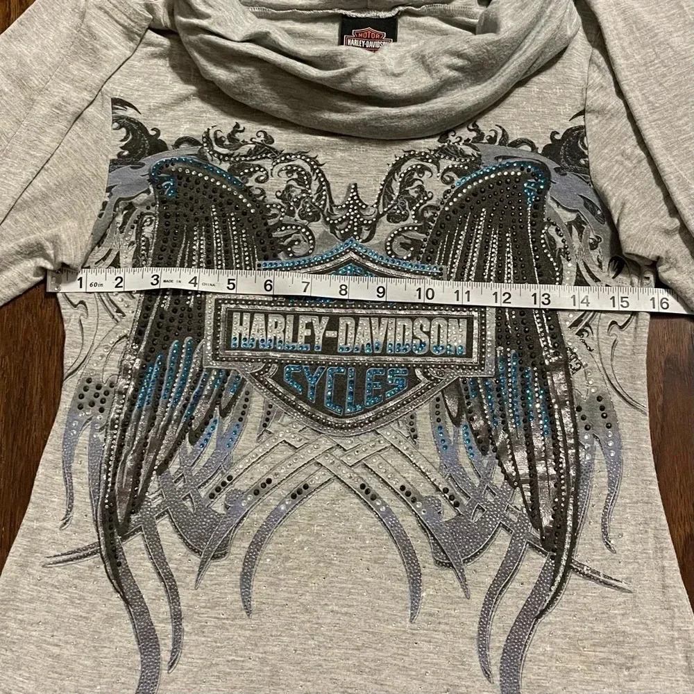 Harley Davidson Rhinestone Cowl Neck Long Sleeve Shirt Y2K - Picture 6 of 10